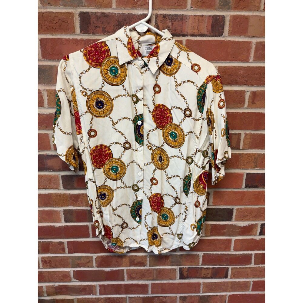 Vintage Sudden Impact Pocket Watch Print Rayon Button Shirt Size M